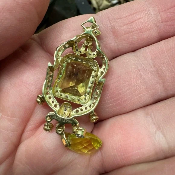 Estate LeVian 18k Gold Citrine Diamond Drop Pendant - Picture 5 of 12